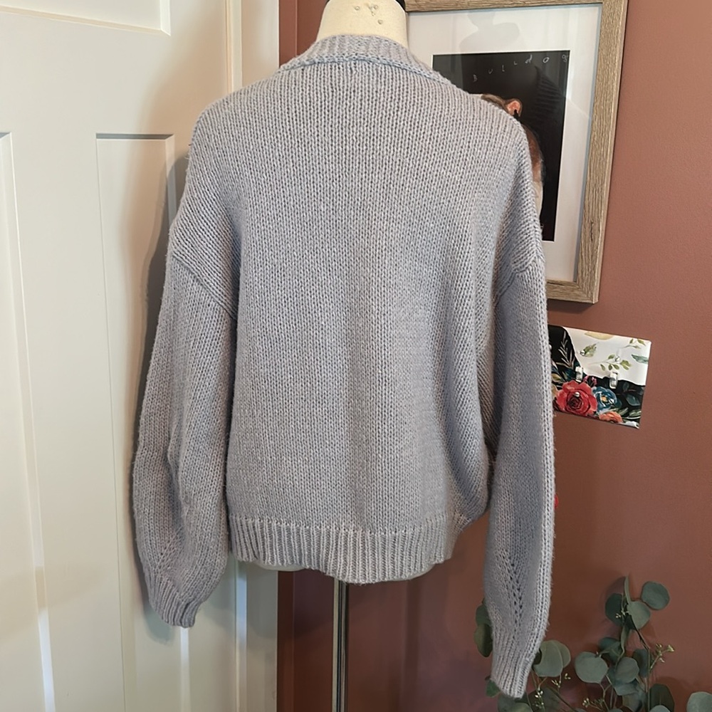 Anthropologie Luna Ivy 3D cherry oversized open front light blue S cardigan - Picture 7 of 10